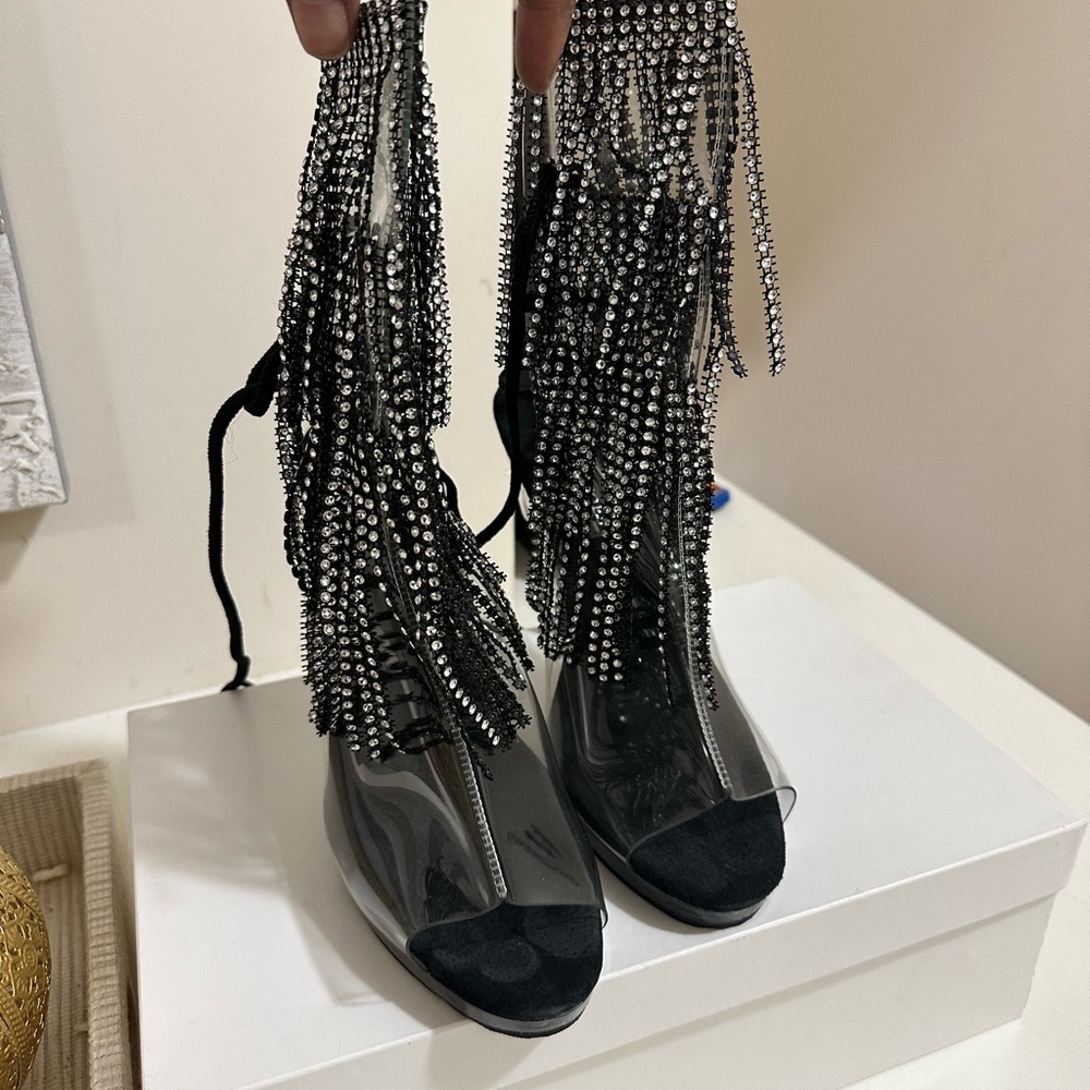 Elegant Black Rhinestone Fringe Women's Shoes